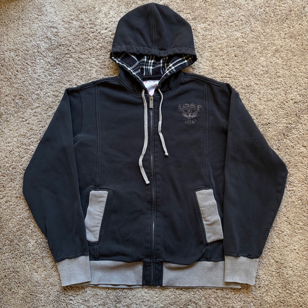 Y2K Lost Black Zip up Plaid Hoodie L